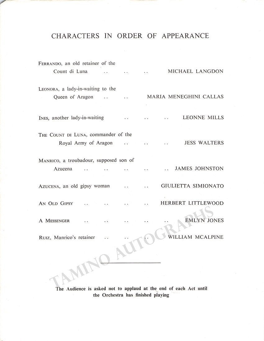 Callas, Maria - Signed Program "Trovatore" Royal Opera House 1953 - Tamino