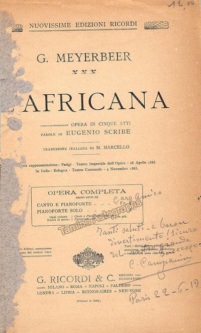 Campanini, Cleofonte - Signed Score Cover Paris 1914
