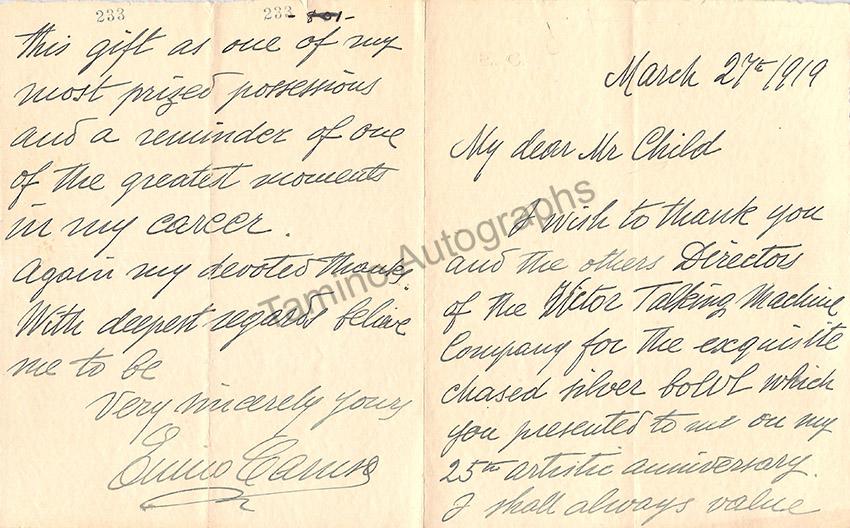 Caruso, Enrico - Autograph Letter Signed 1919