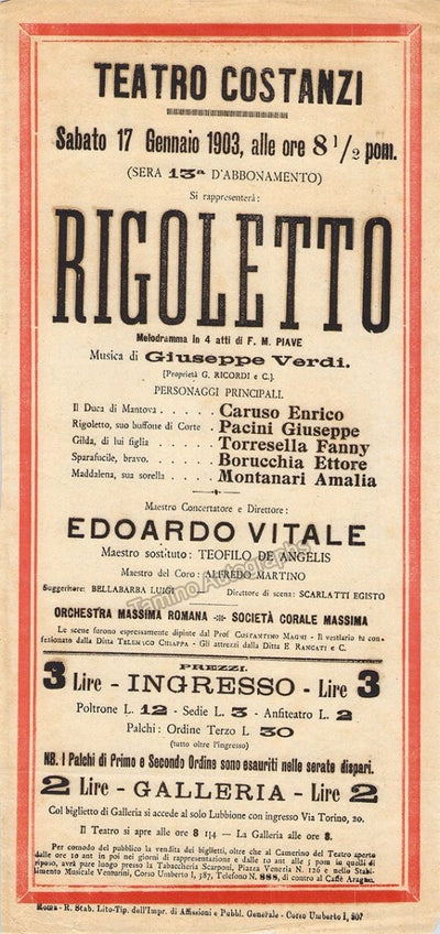 Caruso, Enrico - Playbill Teatro Costanzi Rigoletto 1903