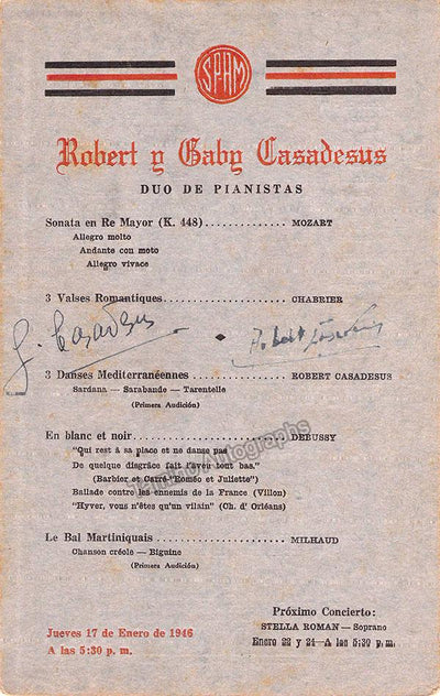 Casadesus, Robert - Casadesus, Gaby - Signed Program Havana 1946