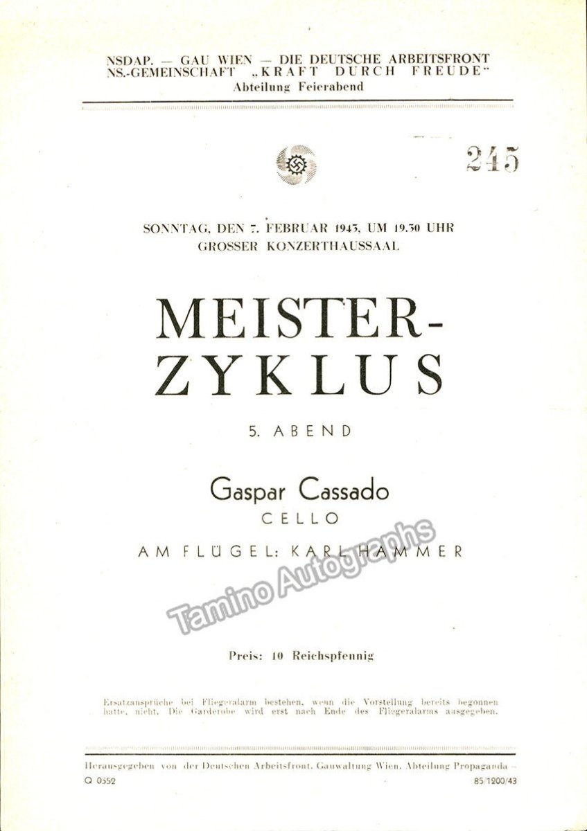 Cassado, Gaspar - Lot of 3 Programs 1938-1943 - Tamino