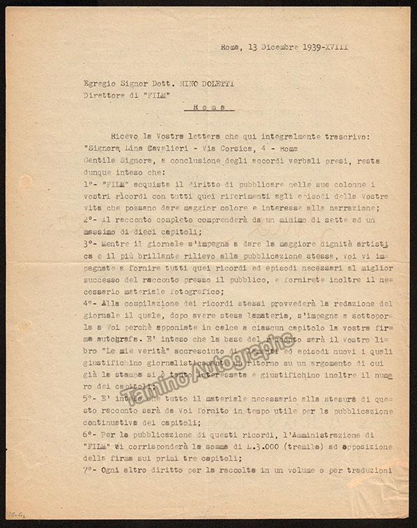 Cavalieri, Lina - Typed Letter Signed 1939