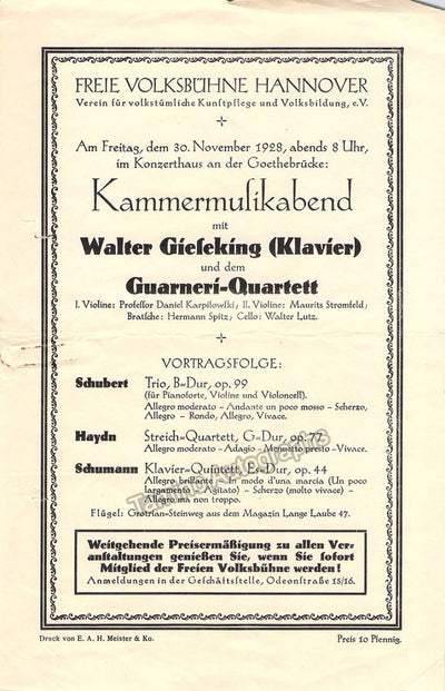 Chamber Music Concert 1928 Program - Guarneri Quartet - Walter Gieseking