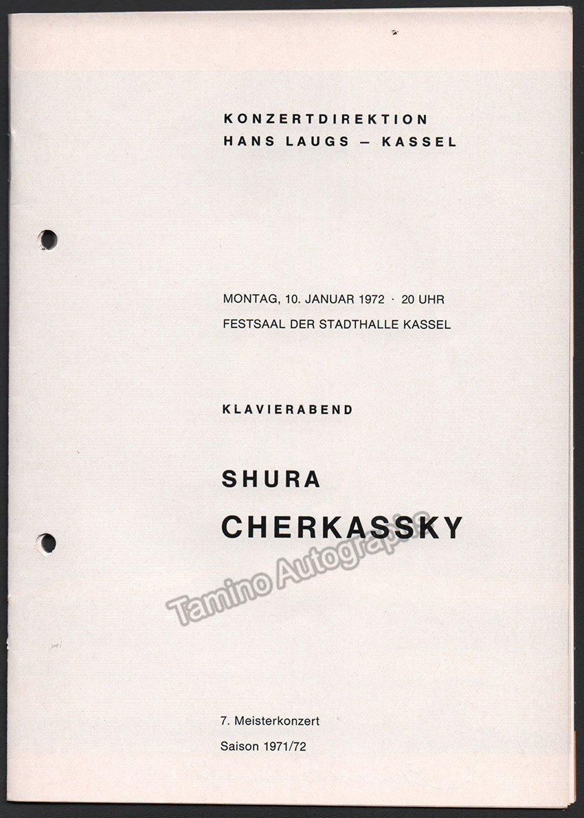 Cherkassky, Shura - Signed Program Kassel, Germany 1972 - Tamino