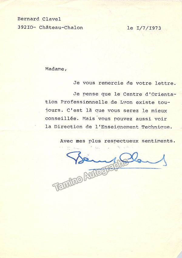 Clavel, Bernand - Typed Letter Signed 1973 - Tamino