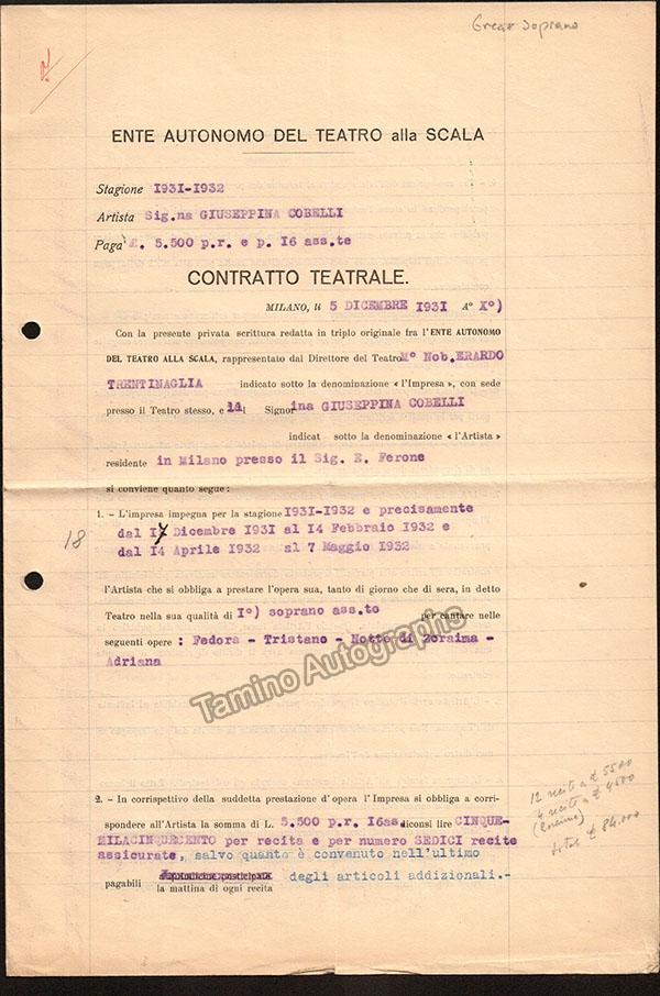 Cobelli, Giuseppina - Signed La Scala Contract 1931
