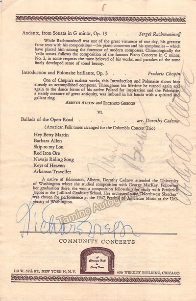 Columbia Concert Trio - Signed Program Carnegie Hall 1951-52