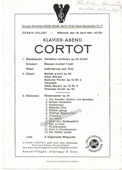 Cortot, Alfred - Concert Program 1951