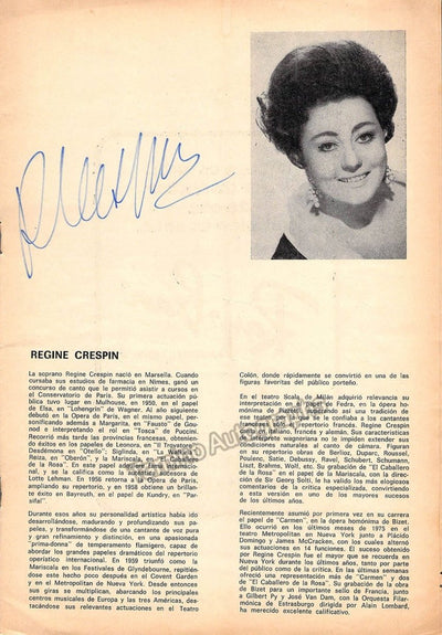 Crespin, Regine - Signed Program Teatro Colon, Buenos Aires 1976