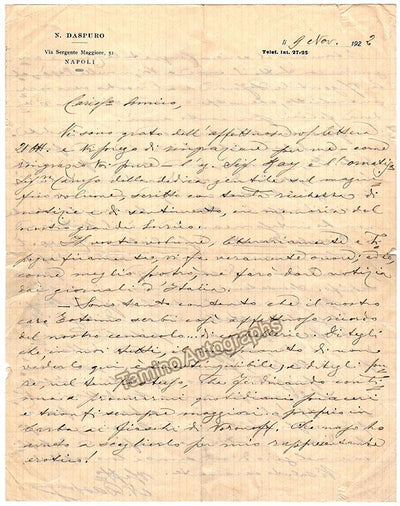 Daspuro, Nicola - Autograph Letter Signed Discussing Enrico Caruso 1922