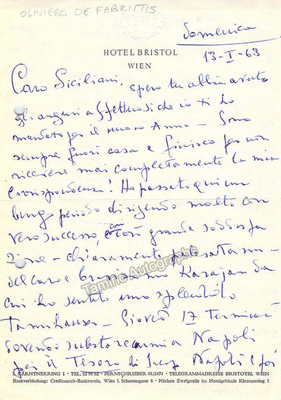 De Fabritiis, Oliviero - Autograph Letter Signed 1963
