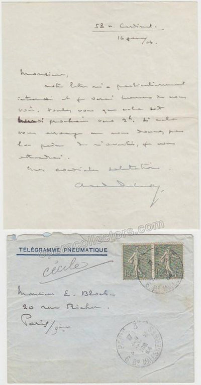 Debussy, Claude - Autograph Letter Signed with Envelope - To Ernest Bloch