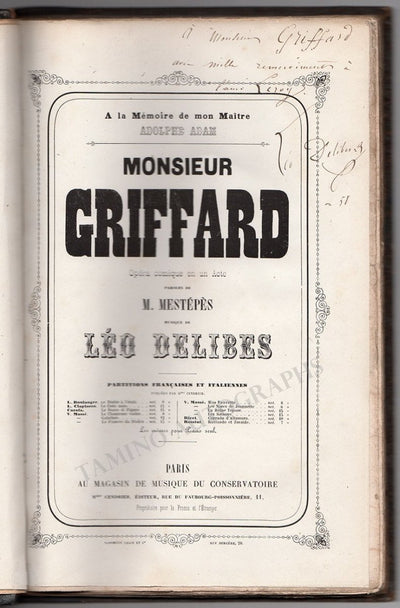 Delibes, Leo - "Monsieur Griffard" First Edition Score Signed 1858