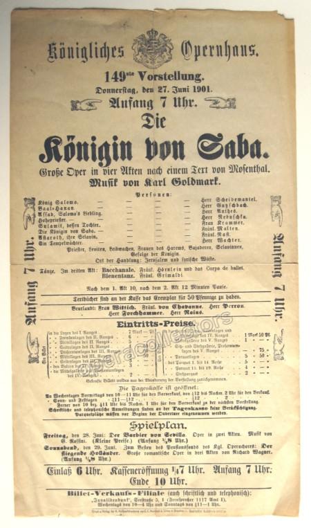 Der Konigin von Saba - Playbill 1901 - Tamino