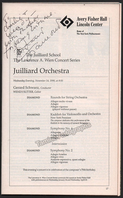 Diamond, David - Signed Program New York 1990