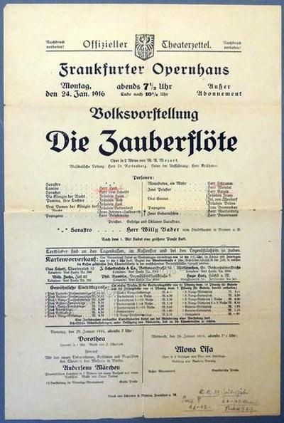 Die Zauberflote-Marta-Der Freischutz-Rigoletto - Lot of 4 Playbills Frankfurt Opera House 1916-1919