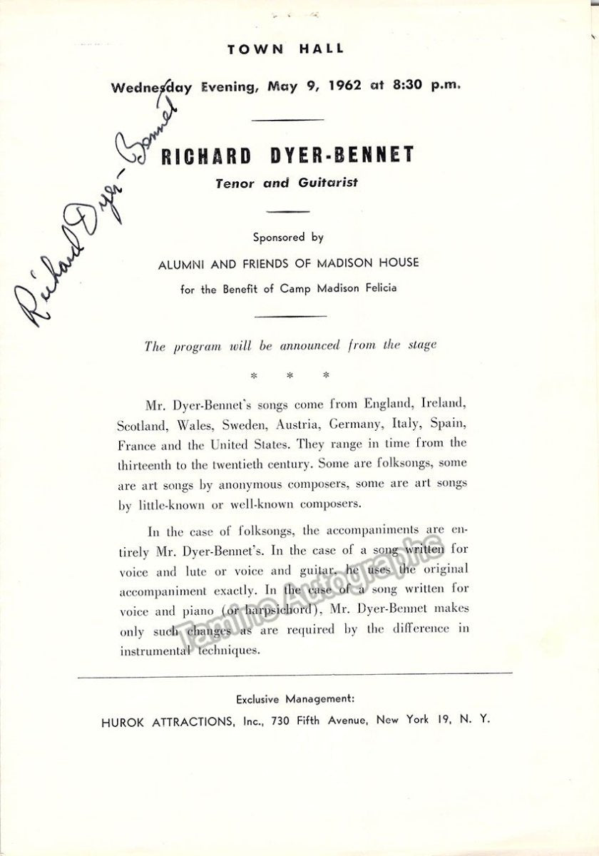 Dyer-Bennet, Richard - Set of 2 Signed Programs New York 1949