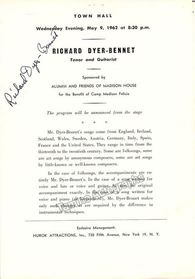 Dyer-Bennet, Richard - Set of 2 Signed Programs New York 1949