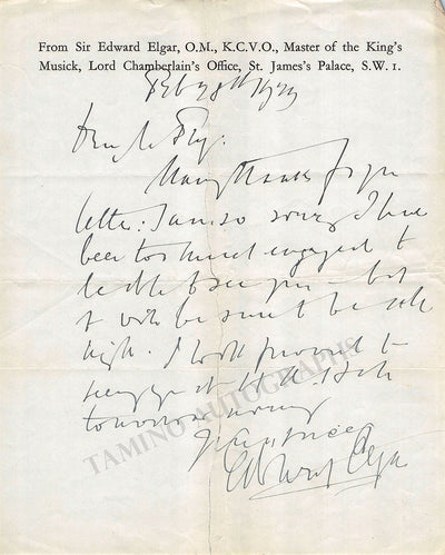 Elgar, Edward - Autograph Letter Signed 1929