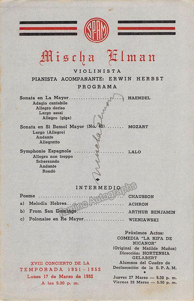 Elman, Mischa - Signed Program Havana 1952