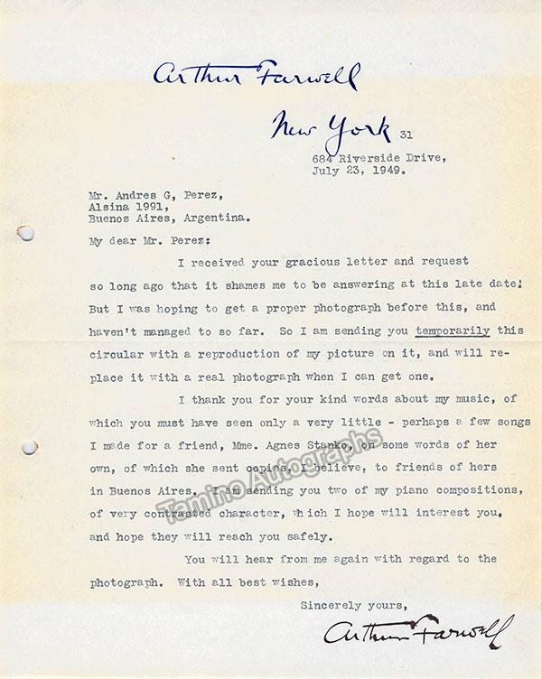 Farwell, Arthur - Typed Letter Signed 1949