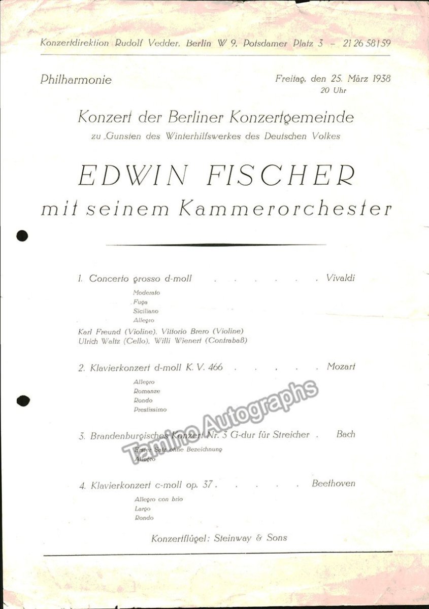 Fischer, Edwin - Lot of 15 Programs 1914-1951 - Tamino