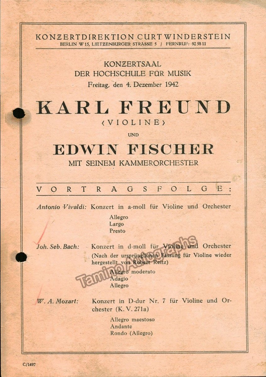 Fischer, Edwin - Lot of 15 Programs 1914-1951 - Tamino
