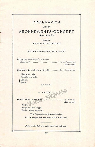 Foldesy, Arnold - Concert Program Amsterdam 1916 - Willem Mengelberg