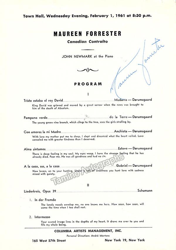 Forrester, Maureen - Signed Concert Program 1961