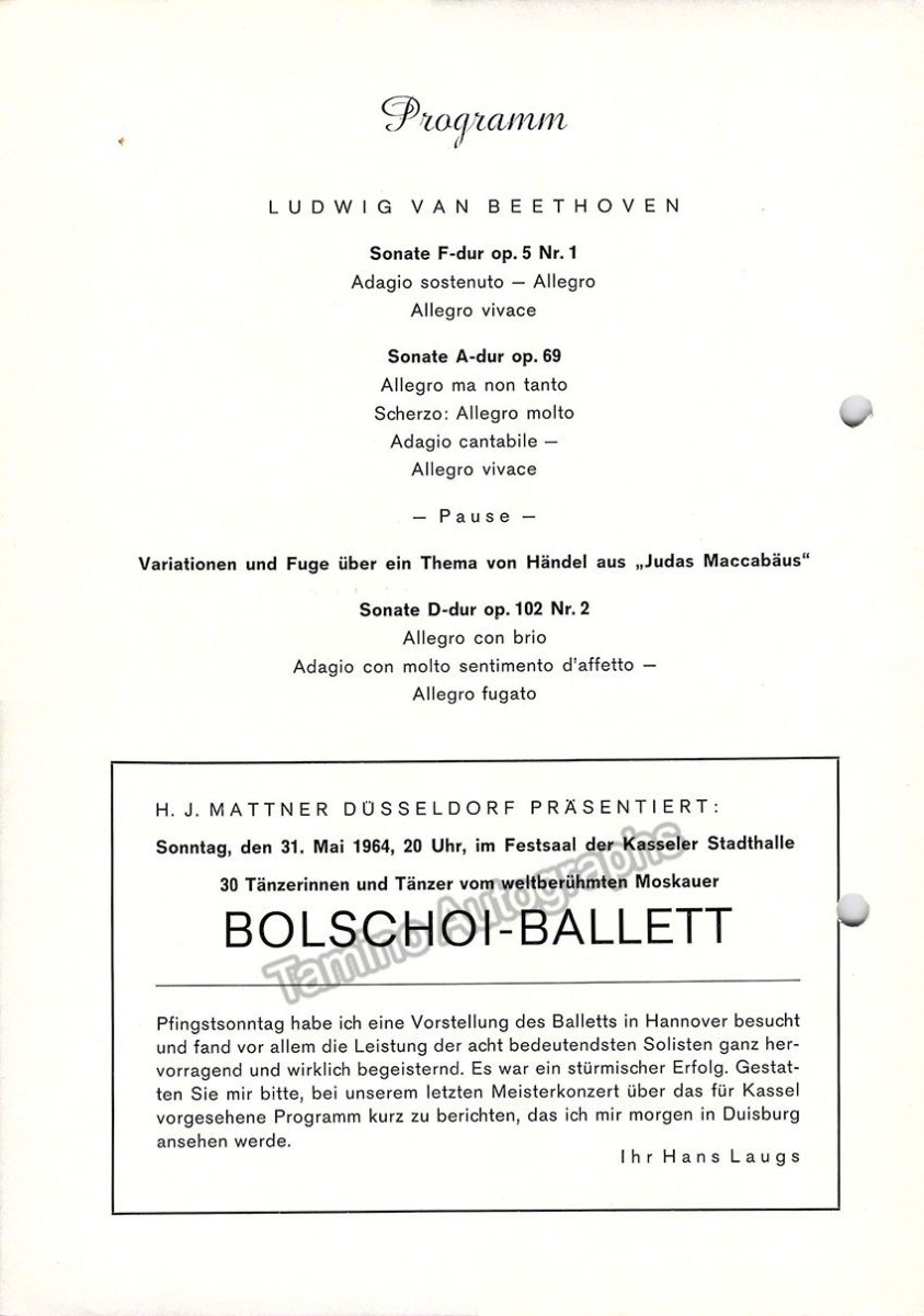 Fournier, Pierre - Kempff, Wilhelm - Signed Program Kassel 1964 - Tamino