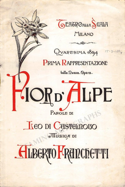 Franchetti, Alberto - Program World Premiere "Fior D'Arte" 1894