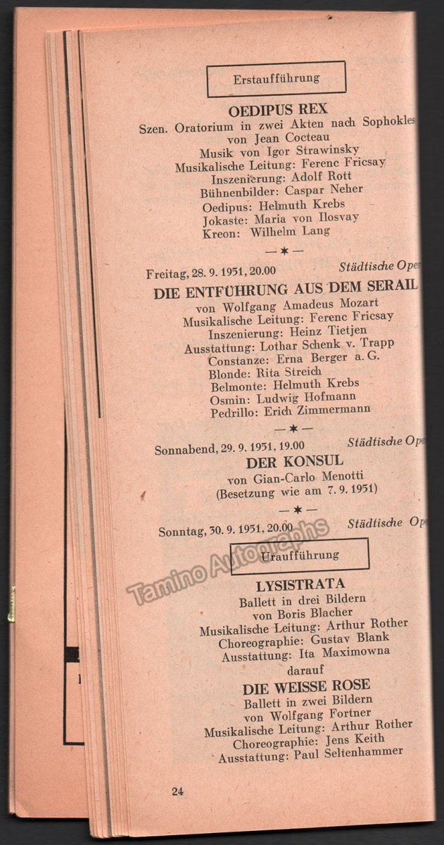Furtwangler, Wilhelm and others - Berliner Festwochen Program 1951 - Tamino