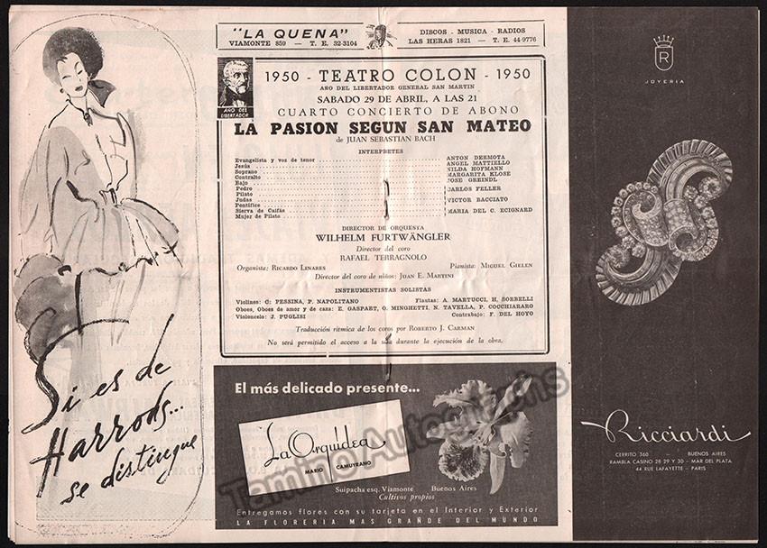 Furtwangler, Wilhelm - Teatro Colón Program, 1950 - St. Matthews Passion Concert - Tamino