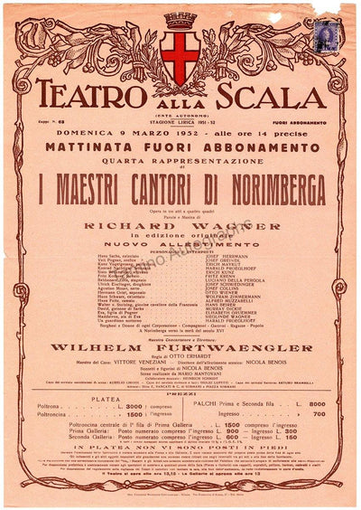 Furtwangler, Wilhelm - Teatro La Scala Playbill Die Meistersinger 1952