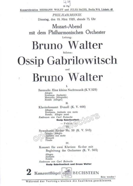 Gabrilowitsch, Ossip - Walter, Bruno - Concert Program 1929