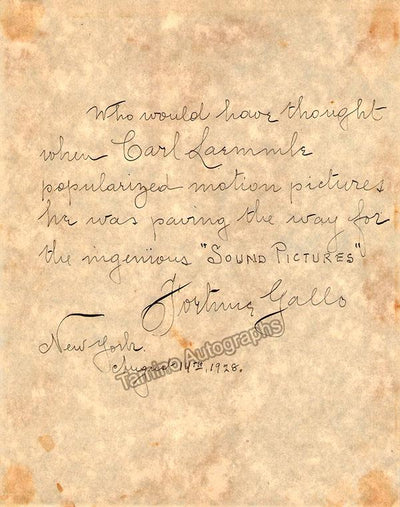 Gallo, Fortune - Autograph Note Signed 1928
