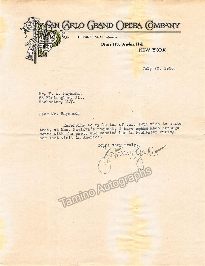 Gallo, Fortune - Typed Letters & Brochure Signed - Tamino