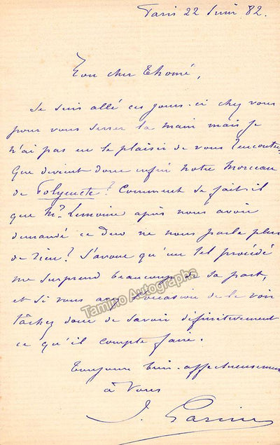 Garcin, Jules - Autograph Letter Signed 1882