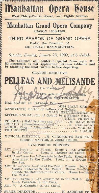 Garden, Mary - Signed Program Clip New York 1909