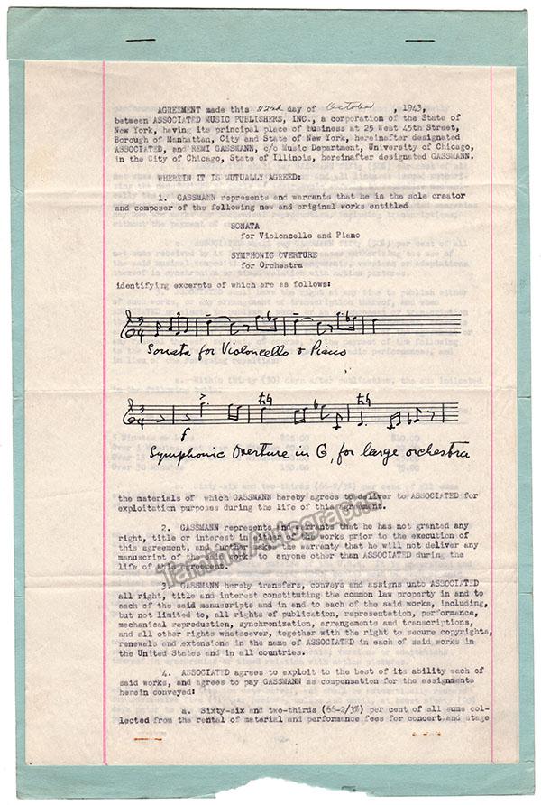 Gassmann, Remi - Signed Contract 1943 & Two Typed Letters 1943 -1946