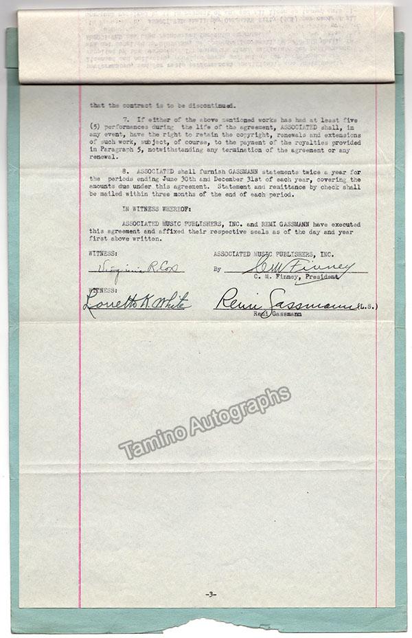 Gassmann, Remi - Signed Contract 1943 & Two Typed Letters 1943 -1946 - Tamino