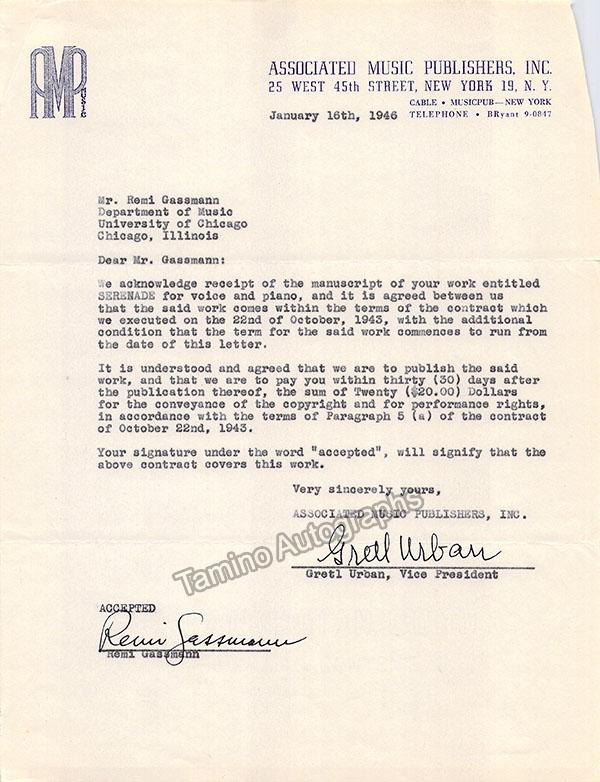 Gassmann, Remi - Signed Contract 1943 & Two Typed Letters 1943 -1946 - Tamino