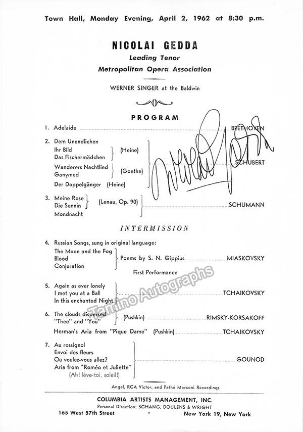 Gedda, Nicolai - Signed Concert Program 1962