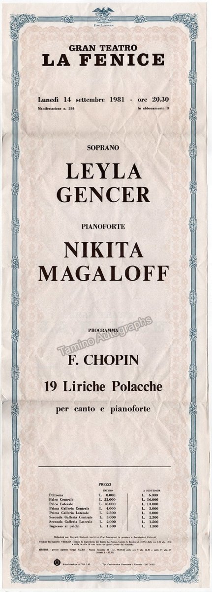 Gencer, Leyla - Magaloff, Nikita - Poster Announcement La Fenice 1981 + Signed Program! - Tamino