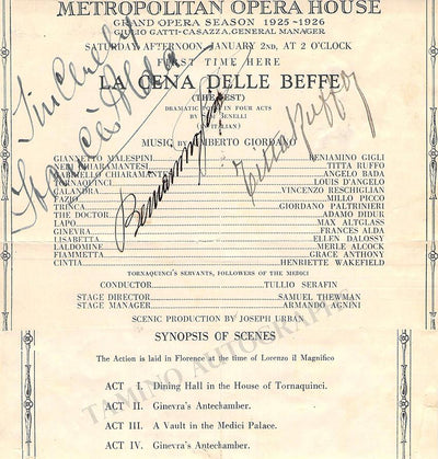 Gigli, Beniamino  - Ruffo, Titta - Alda, Frances - Signed Program Clip Metropolitan Opera New York 1926