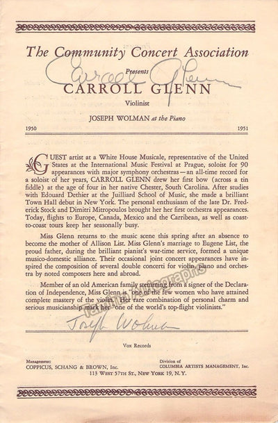 Glenn, Carroll - Signed Program Carnegie Hall 1950/51