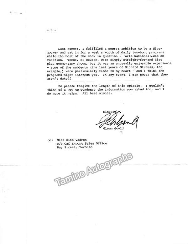 Gould, Glenn - Long Typed Letter Signed 1978 - Tamino