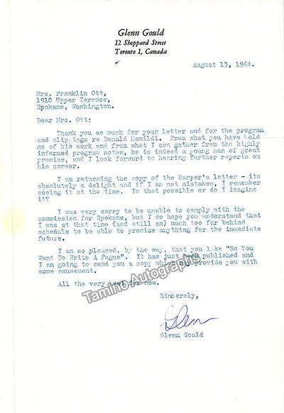 Gould, Glenn - Typed Letter Signed 1964