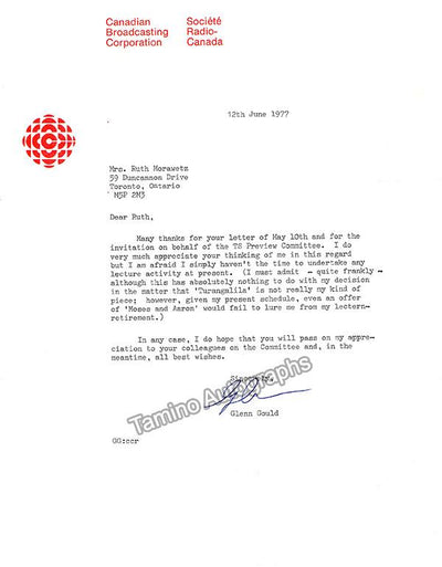 Gould, Glenn - Typed Letter Signed 1977